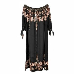 NWT Boho Caftan Maxi Dress One Size Black Floral Off Shoulder Pockets Slits